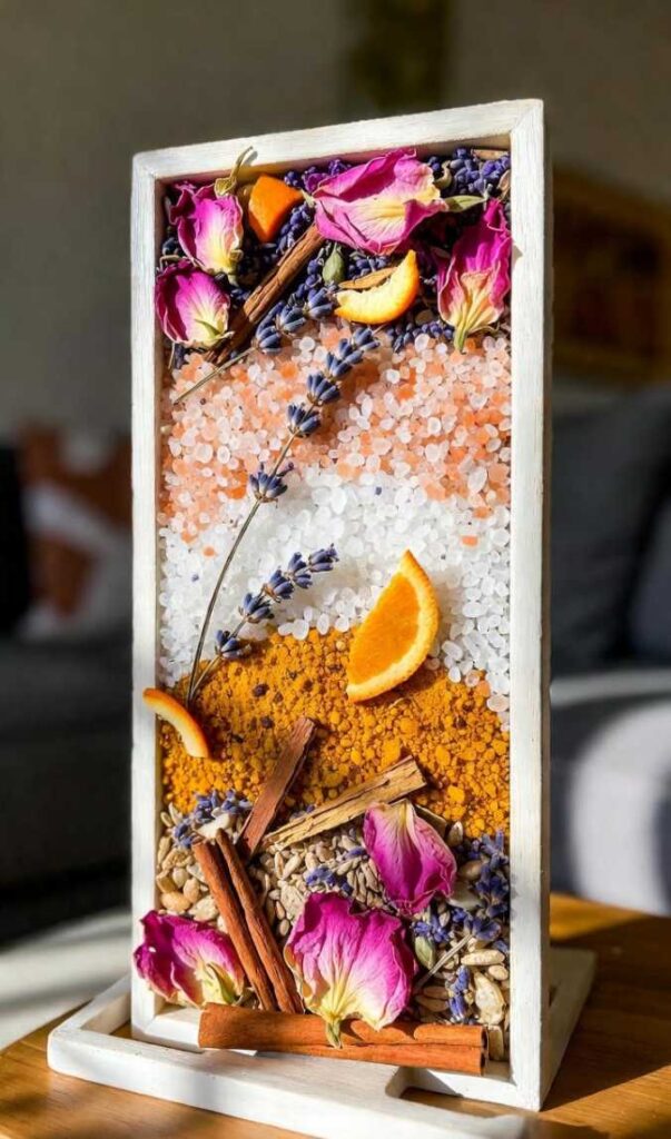 Vassoio decorativo decorazioni di pot-pourri con strati sale colorato e petali spezie - effetto visivo sorprendente