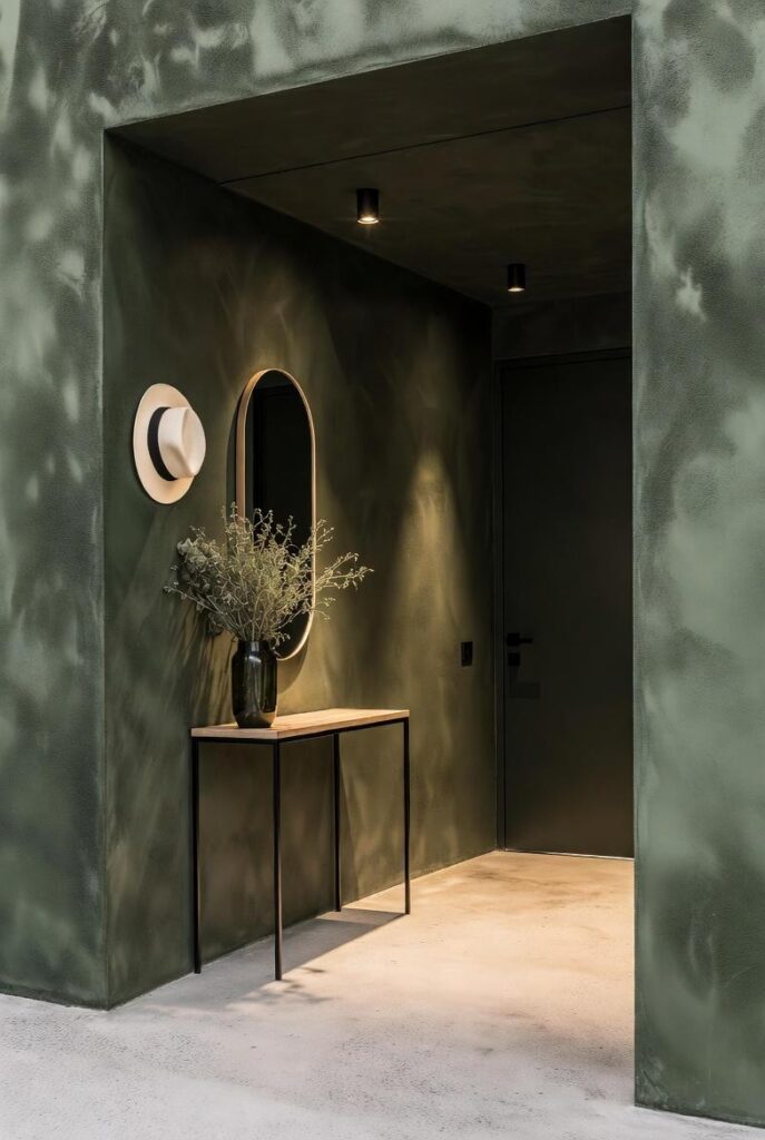 Effetto scatola ingresso con pareti e soffitto verde texture opaca, consolle nera, specchio ovale, piante e faretti incasso per design bold 