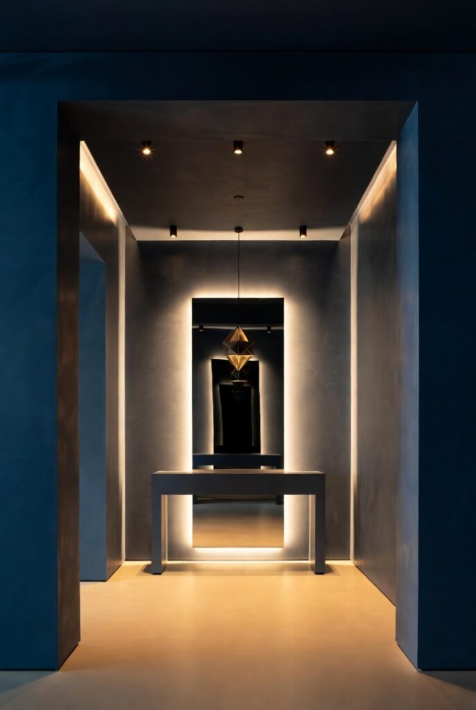 Effetto scatola ingresso blu navy con pareti illuminate da LED perimetrali, faretti soffitto, consolle specchio e lampada sospesa design minimal