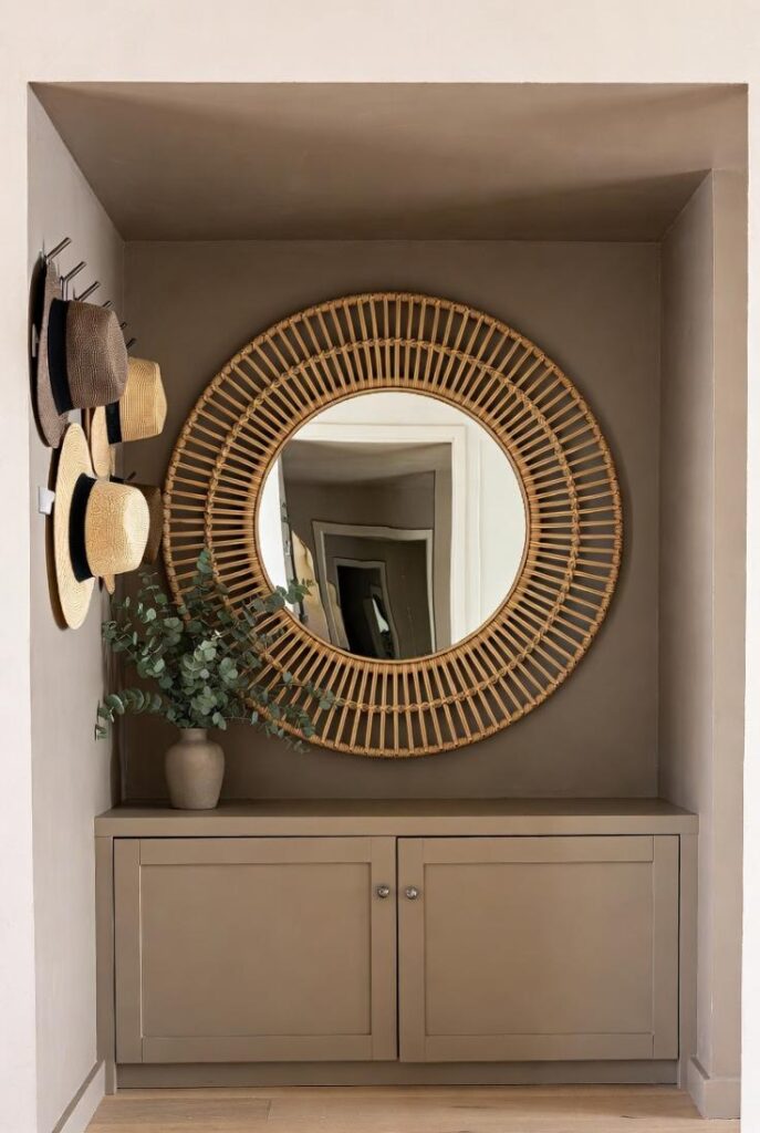 Effetto scatola ingresso tortora con specchio rotondo rattan intrecciato, mensole cappelli, panca contenitore e eucalipto per design boho luminoso