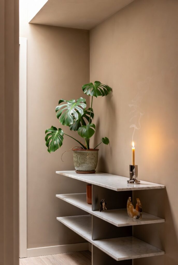 Effetto scatola ingresso greige con mensole marmo decorate pianta Monstera, candela accesa e sculture, luce naturale per arredo pratico decorativo