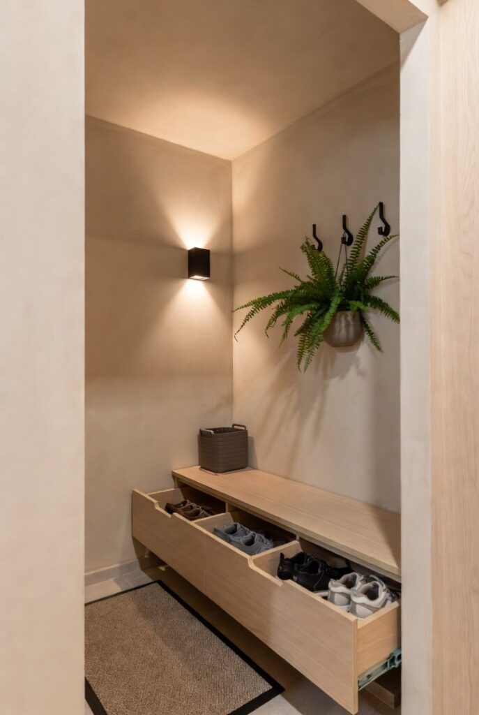 Effetto scatola ingresso beige con panca contenitore cassetti scarpe organizzate, pianta felce sospesa, applique luce e tappeto entryway funzionale