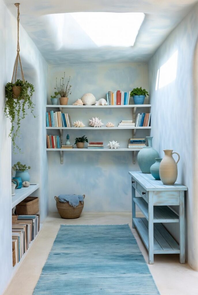 Effetto scatola ingresso celeste con consolle azzurra coordinata, mensole libri conchiglie piante, tappeto blu e lucernario per armonia boho chic