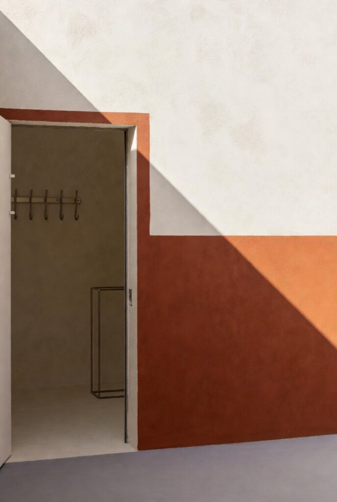 Effetto scatola ingresso fascia colore terracotta contrasto parete dietro porta bianca, appendini e consolle metallica per delimitare spazi transizione 