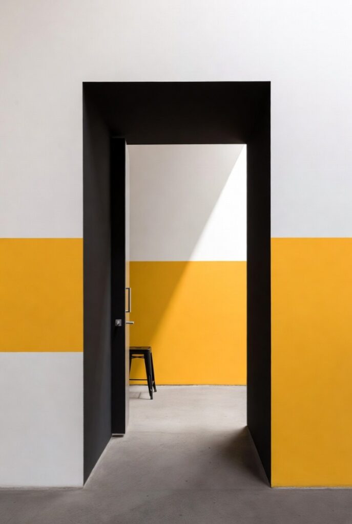 Effetto scatola ingresso color block pareti gialle contrasto cornice nera porta bianca, sgabello e luce naturale per design grafico contemporaneo