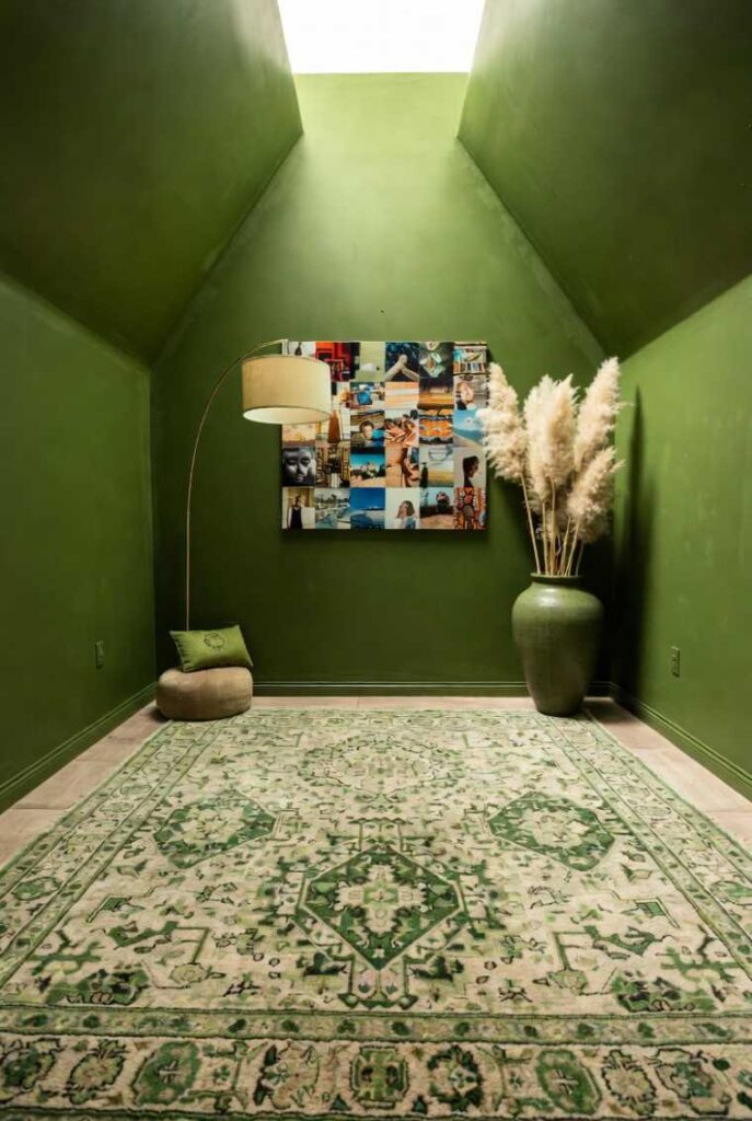 Effetto scatola ingresso verde pareti soffitto con tappeto persiano pattern coordinato, lampada arco foto polaroid, pampas vaso e pouf personalizzato