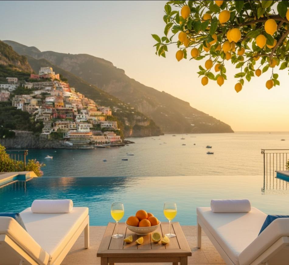 Hotel adults only Costiera Amalfitana piscina a sfioro vista Positano con limoni e aperitivo