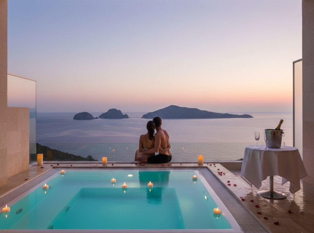 Hotel adults only suite romantica jacuzzi privata vista mare con coppia al tramonto candele