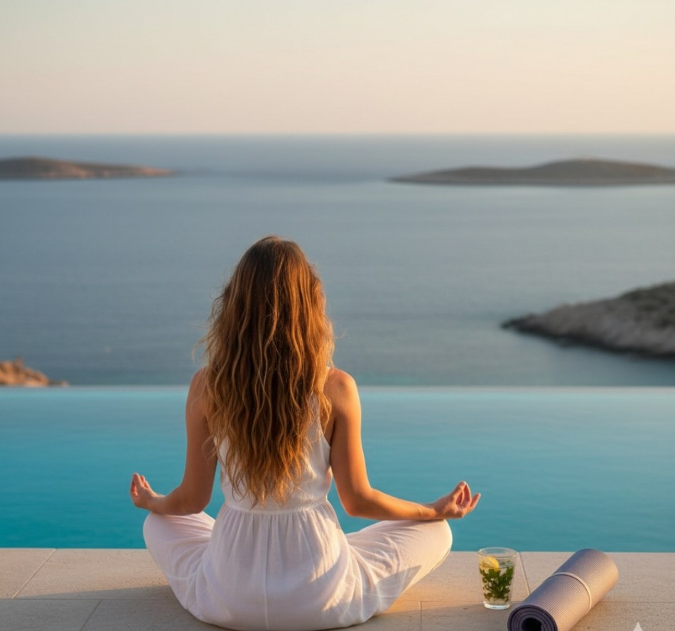 Hotel adults only yoga meditazione donna piscina infinity vista mare tramonto benessere