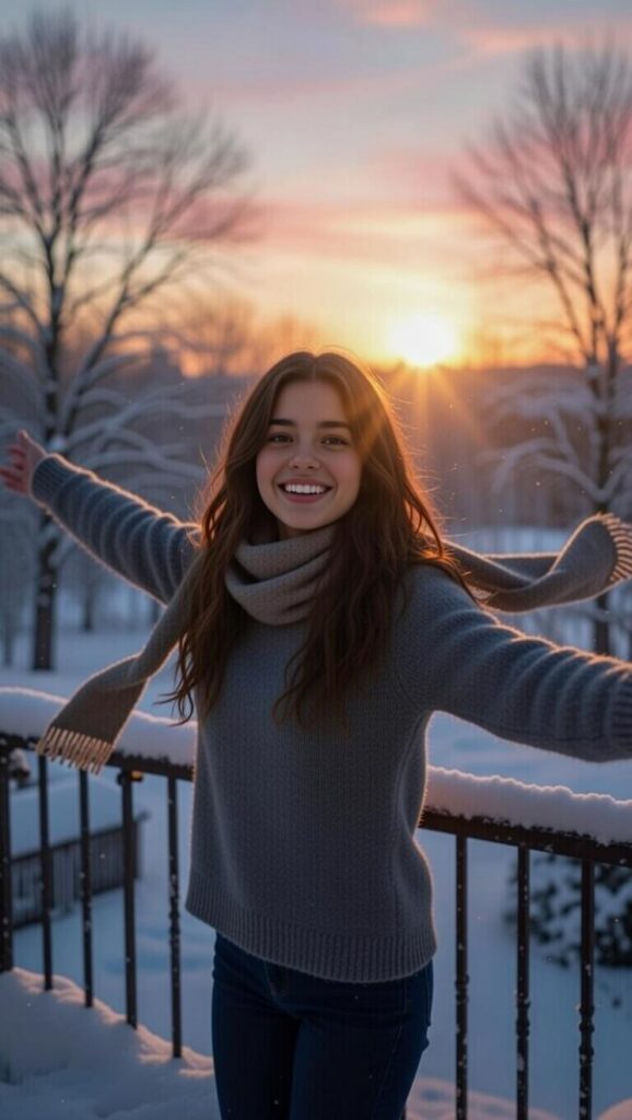 Rimedio letargia invernale: luce sole mattino su balcone nevoso, donna energica braccia aperte all'alba 