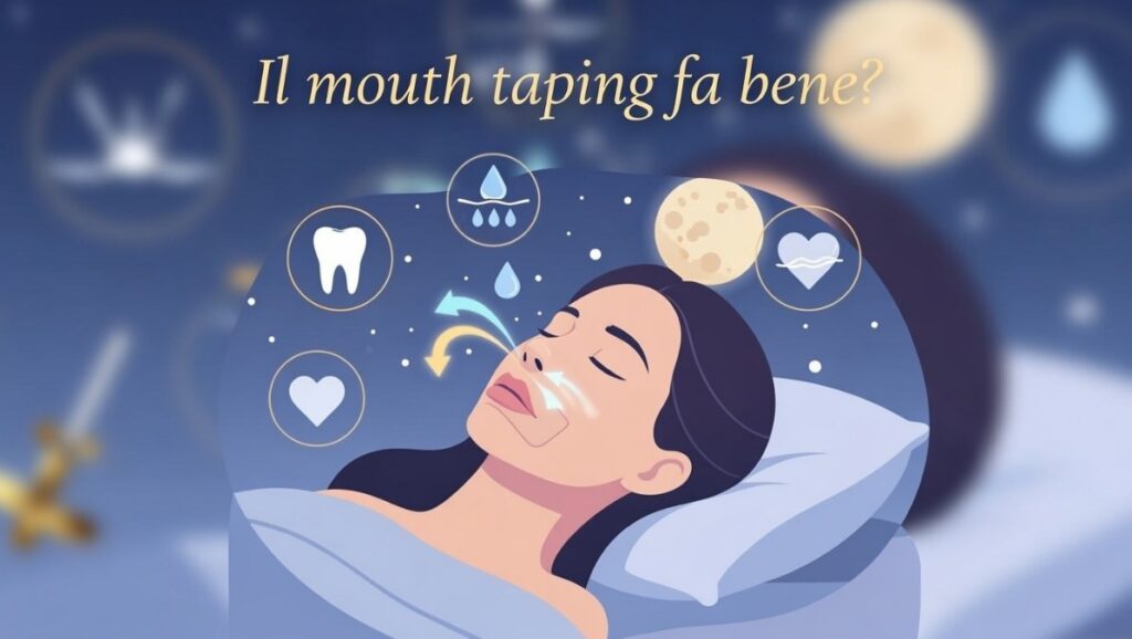 Mouth taping pro e contro: infografica con donna che dorme con mouth tape, benefici respirazione nasale, salute orale