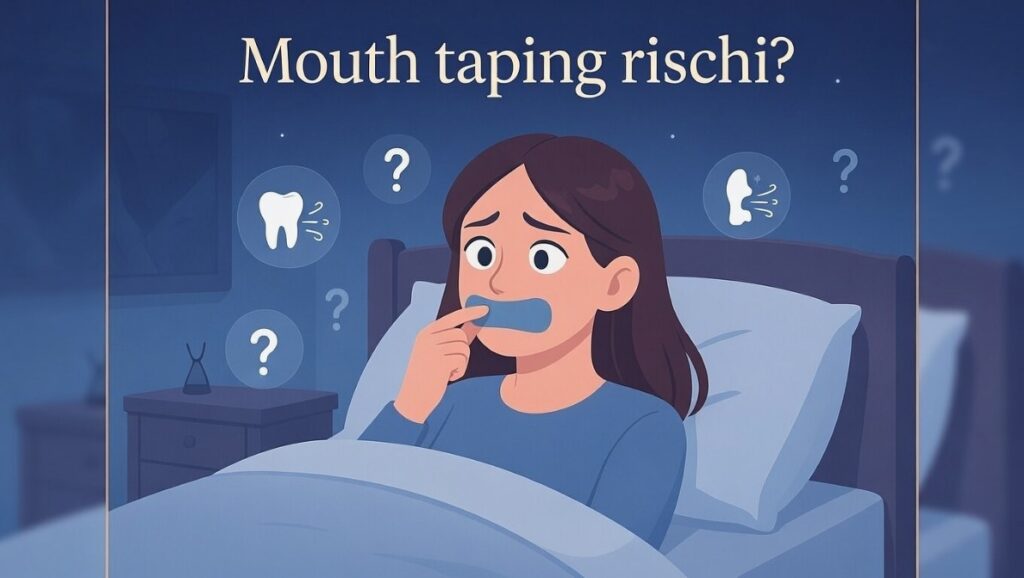Mouth taping pro e contro: infografica rischi mouth taping, donna preoccupata con cerotto bocca durante sonno notturno.