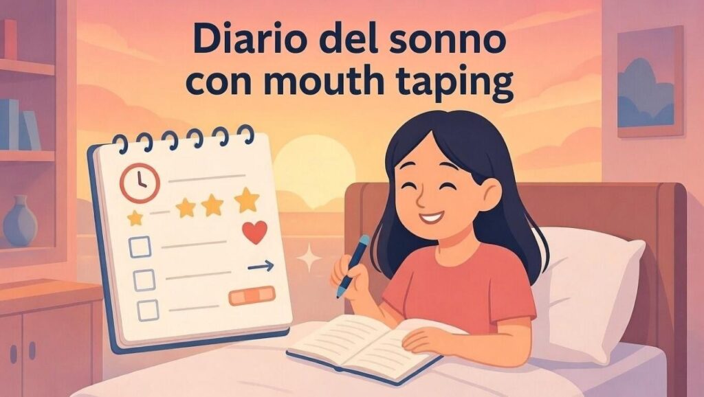 Mouth taping pro e contro: donna che annota diario sonno con mouth taping, checklist ore riposo qualità sensazioni.