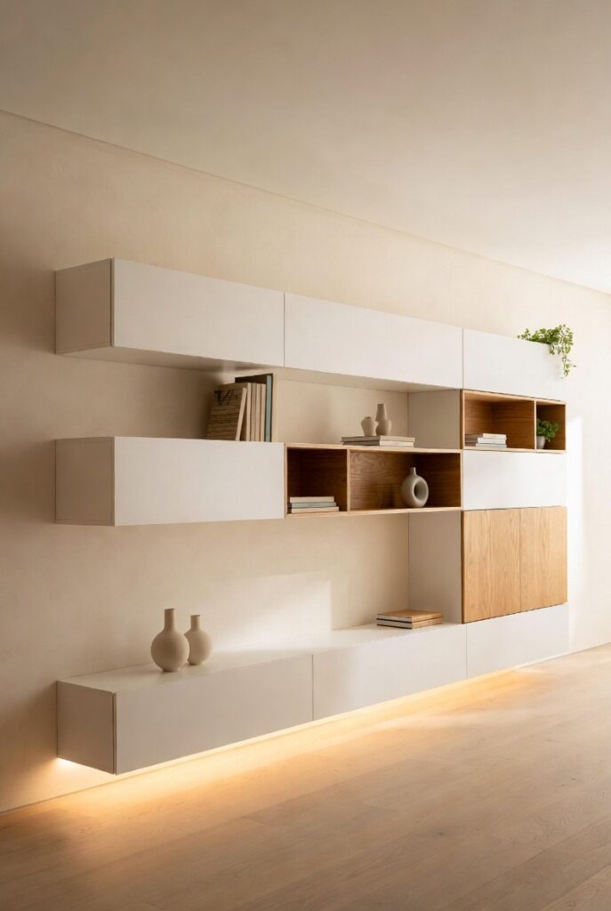 Parete attrezzata sospesa moderna minimalista in stile 2026 con moduli bianchi opachi, inserti rovere naturale, LED sottoilluminati, libri e vasi per soggiorno spazioso