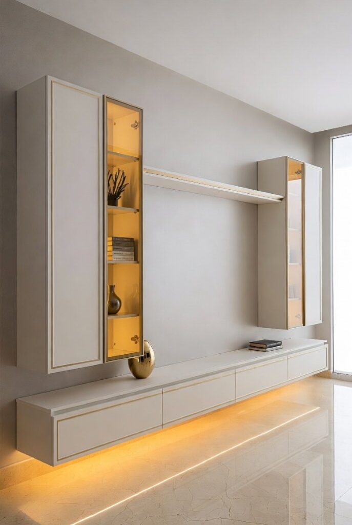 Parete attrezzata sospesa moderna con finiture metalliche oro chiaro satinato, moduli bianchi sospesi, LED illuminati in soggiorno minimal luxury