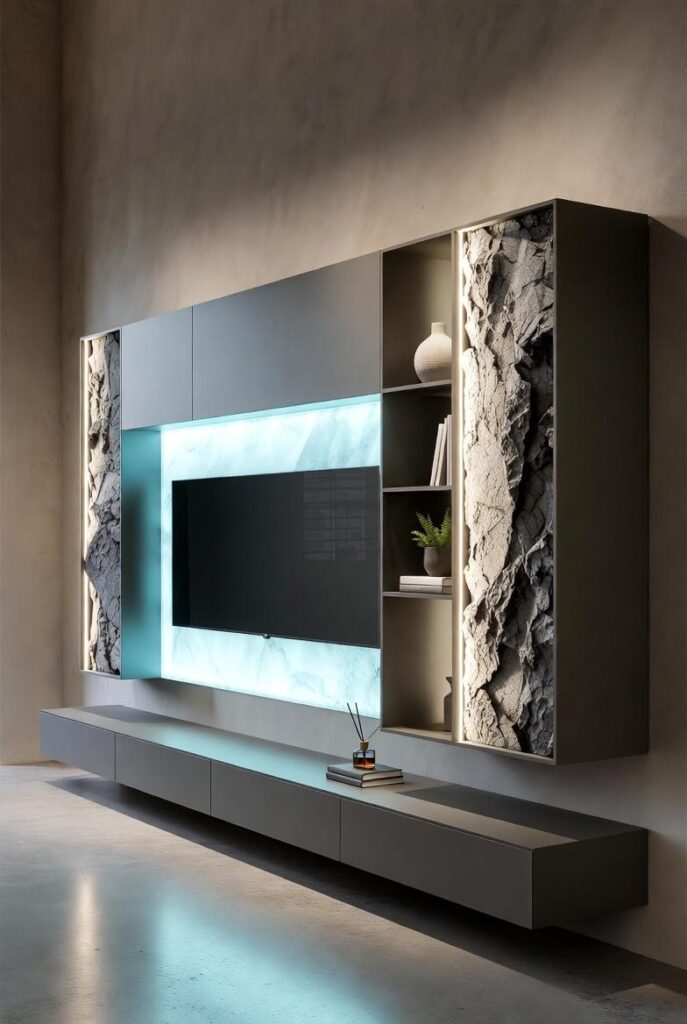 Parete attrezzata sospesa grigia con pannelli effetto pietra, schienali retroilluminati blu, TV moderna in soggiorno urban minimal