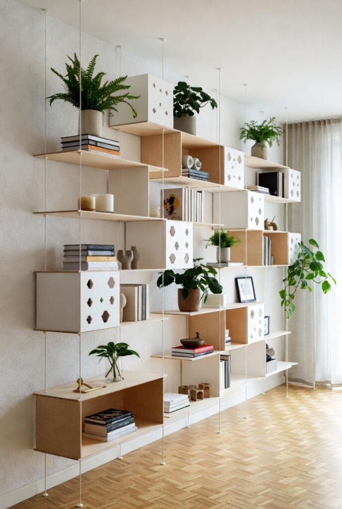 Alternative a parete attrezzata sospesa: mensole sospese modulari con vani a giorno, libri piante in soggiorno leggero contemporaneo