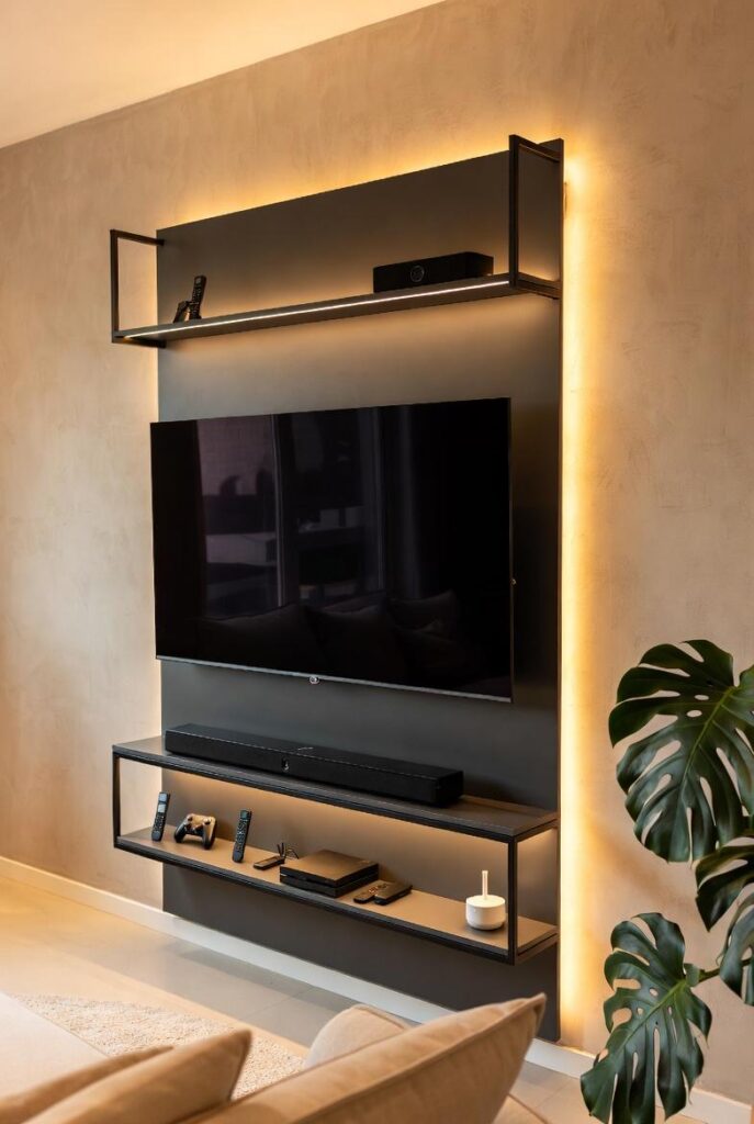 Pannelli attrezzati per TV alternativa a parete attrezzata sospesa con mensole luci LED console in soggiorno moderno