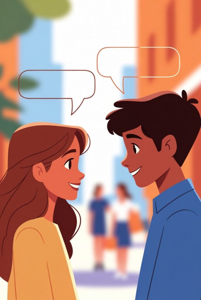 Illustrazione per come parlare con persone sconosciute - sorriso e contatto visivo