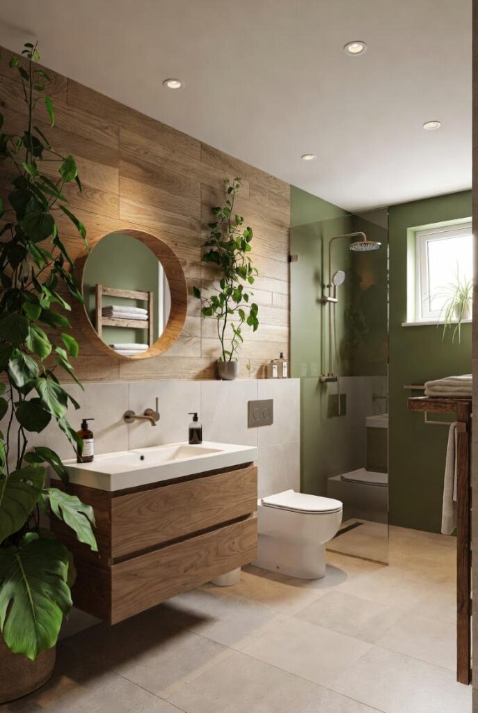 Come piastrellare un bagno tendenze 2026: colori salvia e legno naturale sostenibile.
