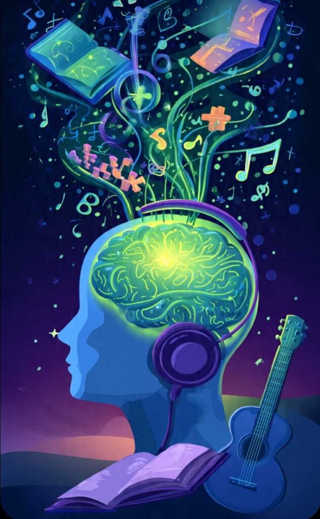cervello con musica e libri per come rallentare la perdita di memoria con neuroplasticità