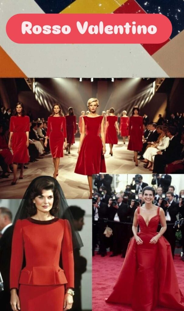 Collage Pinterest rosso Valentino storia: sfilata modelle anni '60 in abiti rossi, Jackie Kennedy tailleur rosso funerale JFK, Julia Roberts gown rosso Oscar, stile vintage moda iconico