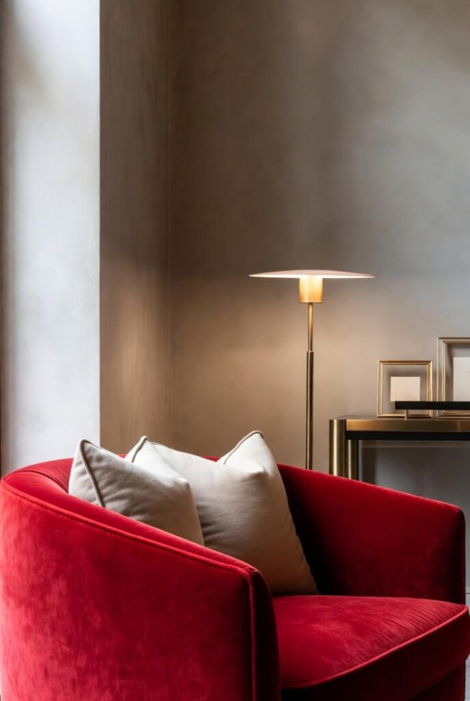 Poltrona curva in velluto rosso Valentino contro pareti grigio chiaro, cuscini crema, lampada ottone e cornici dorate in soggiorno moderno – ispirazione arredamento rosso Valentino storia