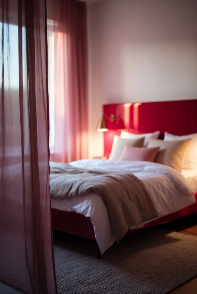 Camera da letto chic con testiera laccata rosso Valentino, lenzuola bianche, cuscini rosa scuro, tende khaki e tappeto grigio – ispirazione arredamento rosso Valentino storia