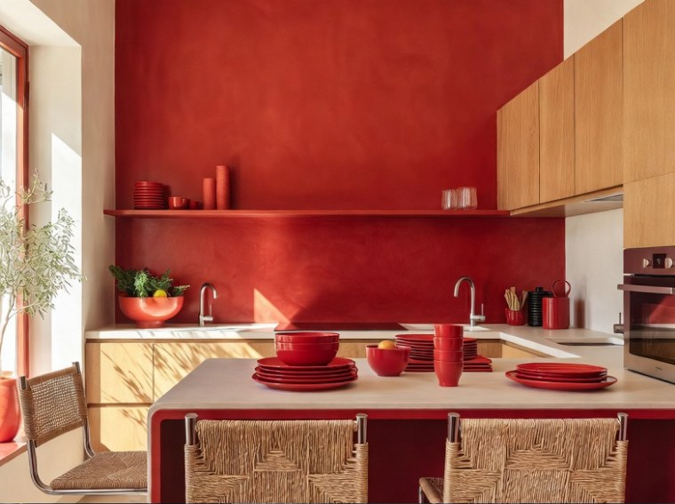 Parete accent rosso Valentino in cucina moderna, stoviglie scarlatte su piano lavoro, mobili teak chiaro e sedie rattan – ispirazione arredamento rosso Valentino storia