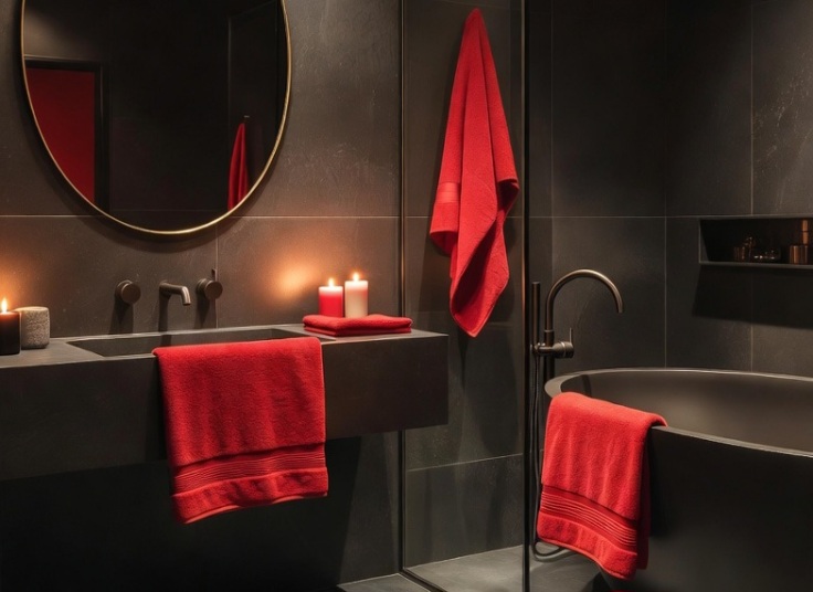 Bagno moderno con asciugamani rosso Valentino piegati su lavabo e vasca neri opachi, specchio oro e candele – ispirazione rosso Valentino storia luxury