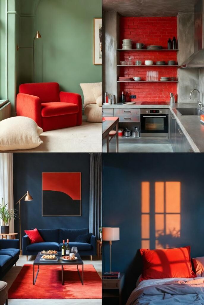 Moodboard 4 immagini arredamento rosso Valentino storia: poltrona rossa con verde salvia, cucina mattone-grigio, soggiorno blu notte con cuscini rossi, dosi focal point chic