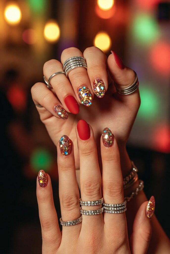 Mani con unghie glitter bomb base rosso Valentino e sugar glitter multicolore, gioielli argento, luci festa bokeh – nail art rosso Valentino storia festaiola