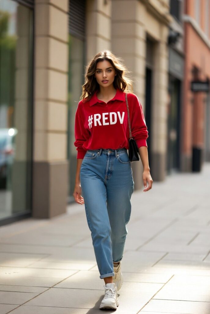 Streetstyle brunch con camicia rossa velluto Valentino oversize, jeans mom, mini borsa Rockstud nera, occhiali cat-eye – ensemble rosso Valentino storia sofisticato