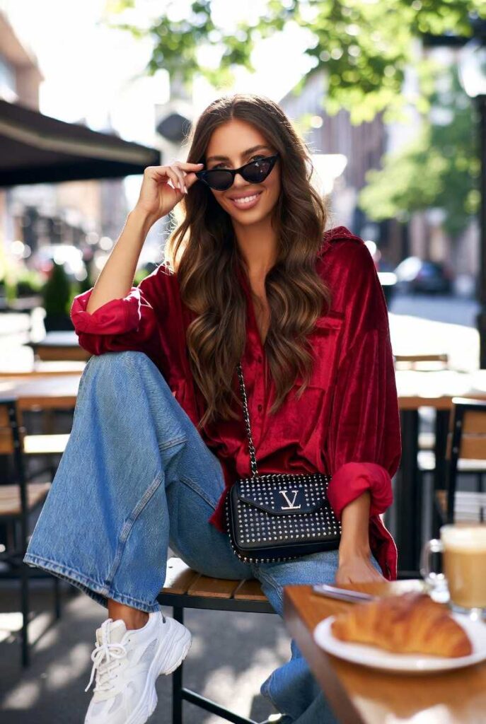 Streetstyle donna in camicia rossa velluto Valentino oversize, jeans mom high-waisted larghi, sneakers bianche chunky, borsa mini nera – outfit rosso Valentino storia casual