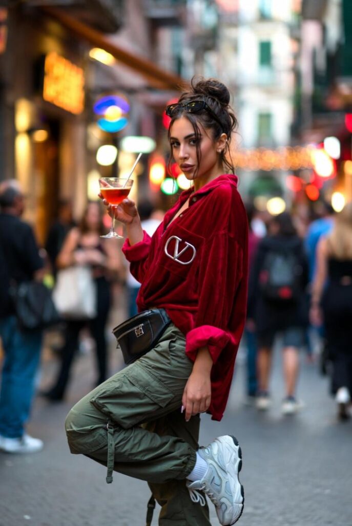 Ragazza in camicia velluto rossa Valentino, cargo pants verdi olive, sneakers chunky bianche, cocktail mano via Napoli neons – streetstyle rosso Valentino storia