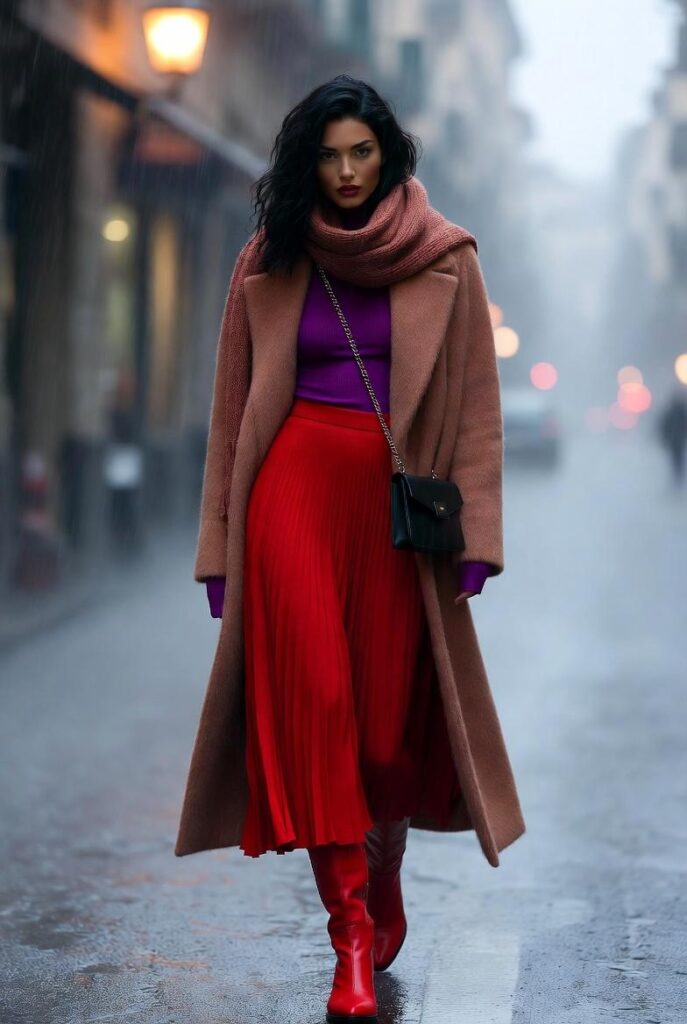 Donna mora in gonna plissettata scarlatta Valentino, cappotto camello lungo, top porpora stivali rossi, via nebbiosa – streetstyle rosso Valentino storia freddo
