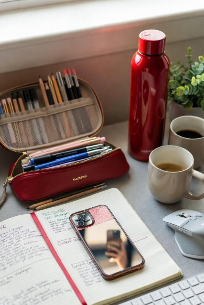 Flatlay desk content creator con astuccio matite rosse Valentino, borraccia scarlatta, cover phone glitter red e notes SEO – lifestyle rosso Valentino storia