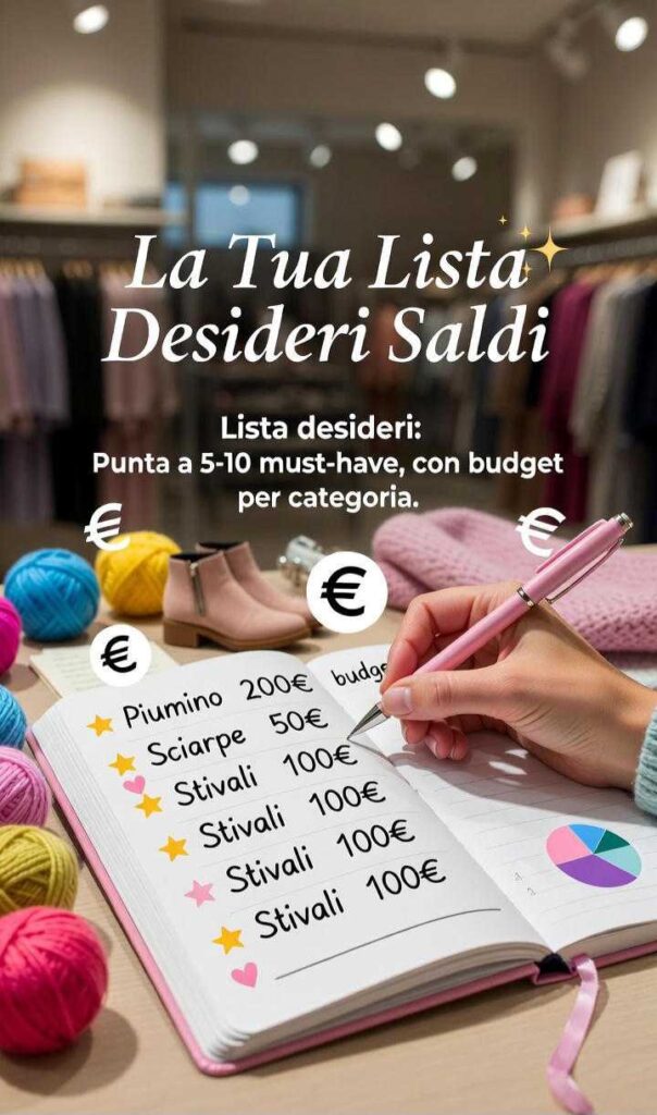 Lista desideri planner per saldi invernali 2026 con must-have fashion, budget per categoria e oggetti trendy come sciarpe e stivali su tavolo creativo