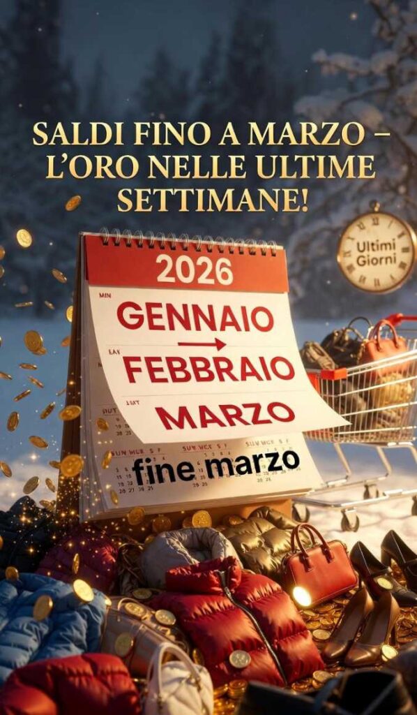 Calendario saldi invernali 2026 gennaio febbraio marzo con sconti finali, monete d'oro su carrello moda e abiti invernali scontati