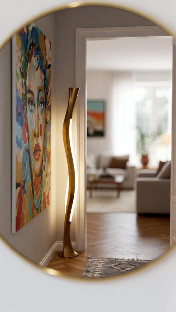 Soluzioni ingresso direttamente in soggiorno idee elementi decorativi quadro astratto lampada scultorea specchio rotondo tappeto open space