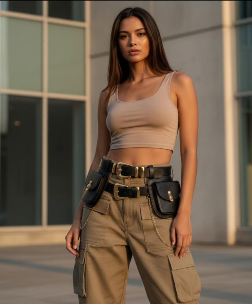 Modella con utility belt su pantaloni cargo, trend workwear moda 2026