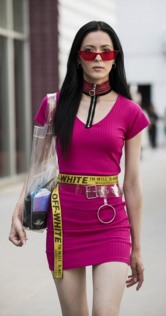 Utility belt trasparente Off-White con abito rosa, moda street style 2026