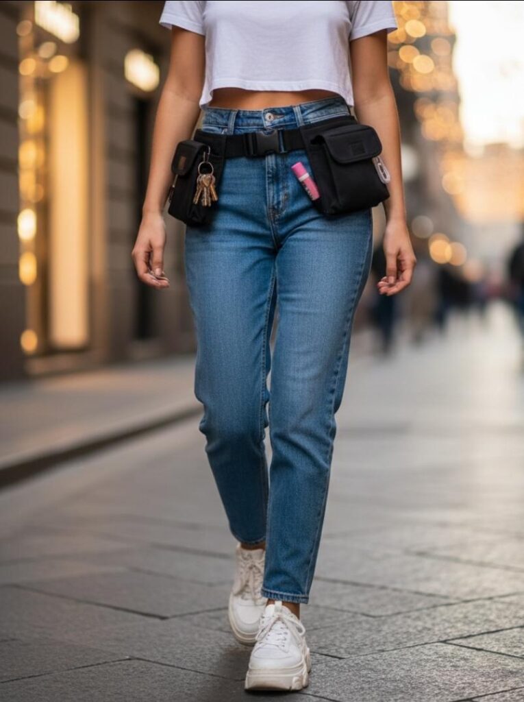 Utility belt Off-White su jeans high-waisted e sneakers, street style 2026