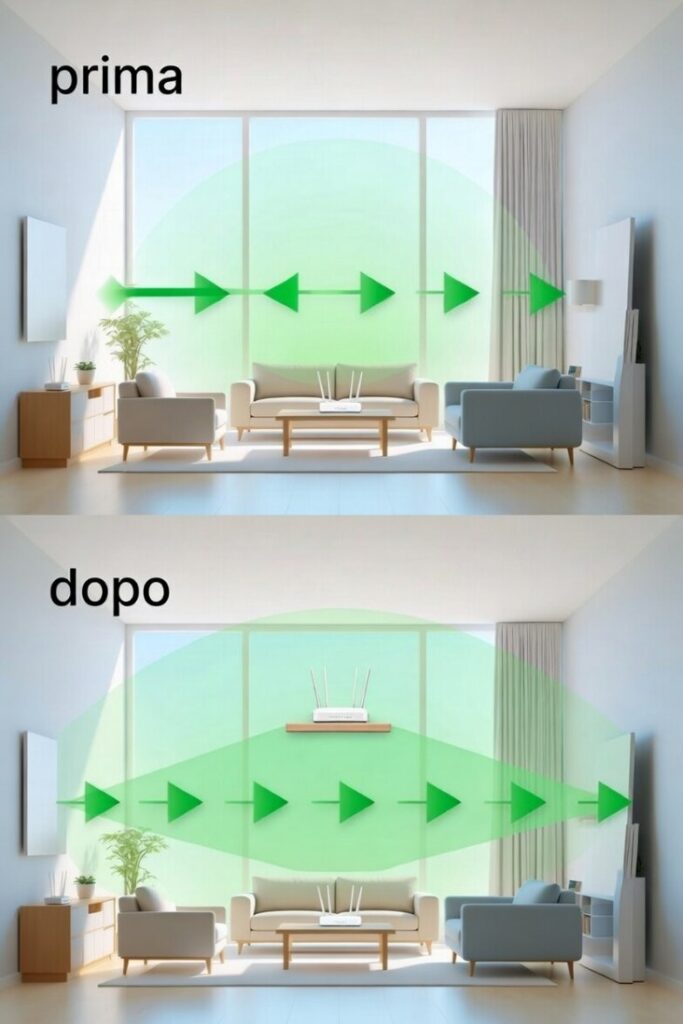 Infografica prima/dopo: posizionare router alto centrale per risolvere wifi lento e ampliare copertura segnale