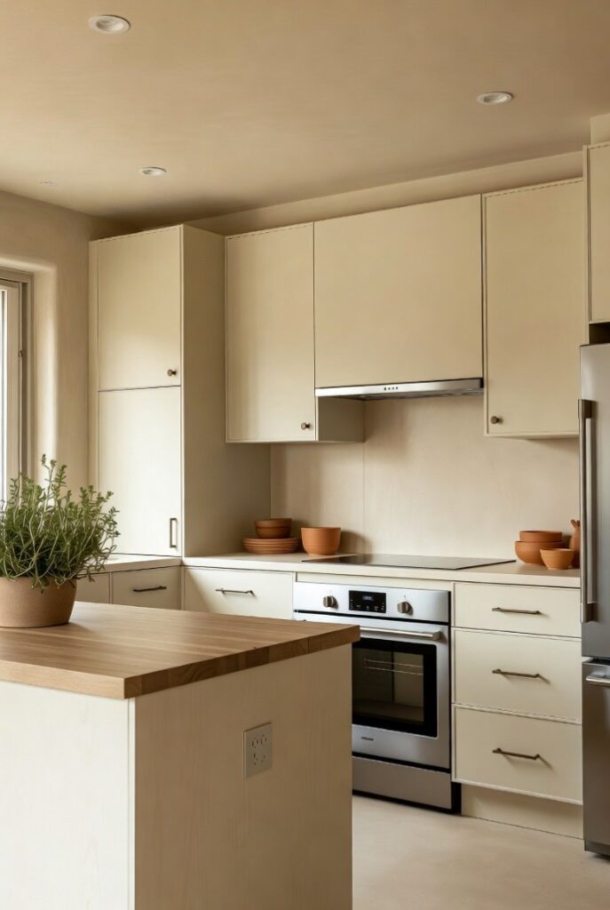 Arredare casa con colori neutri in cucina moderna, mobili bianco panna legno naturale acciaio, pareti sabbia piante aromatiche