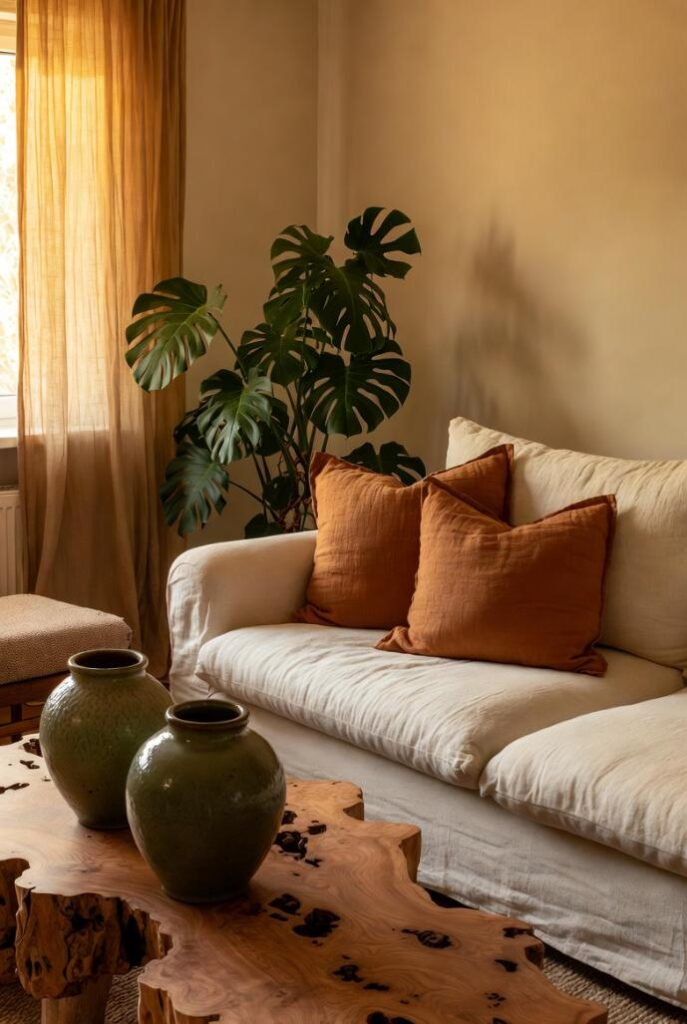 Arredare casa con colori neutri e accenti caldi terracotta, divano crema tende beige, legno naturale vasi verdi