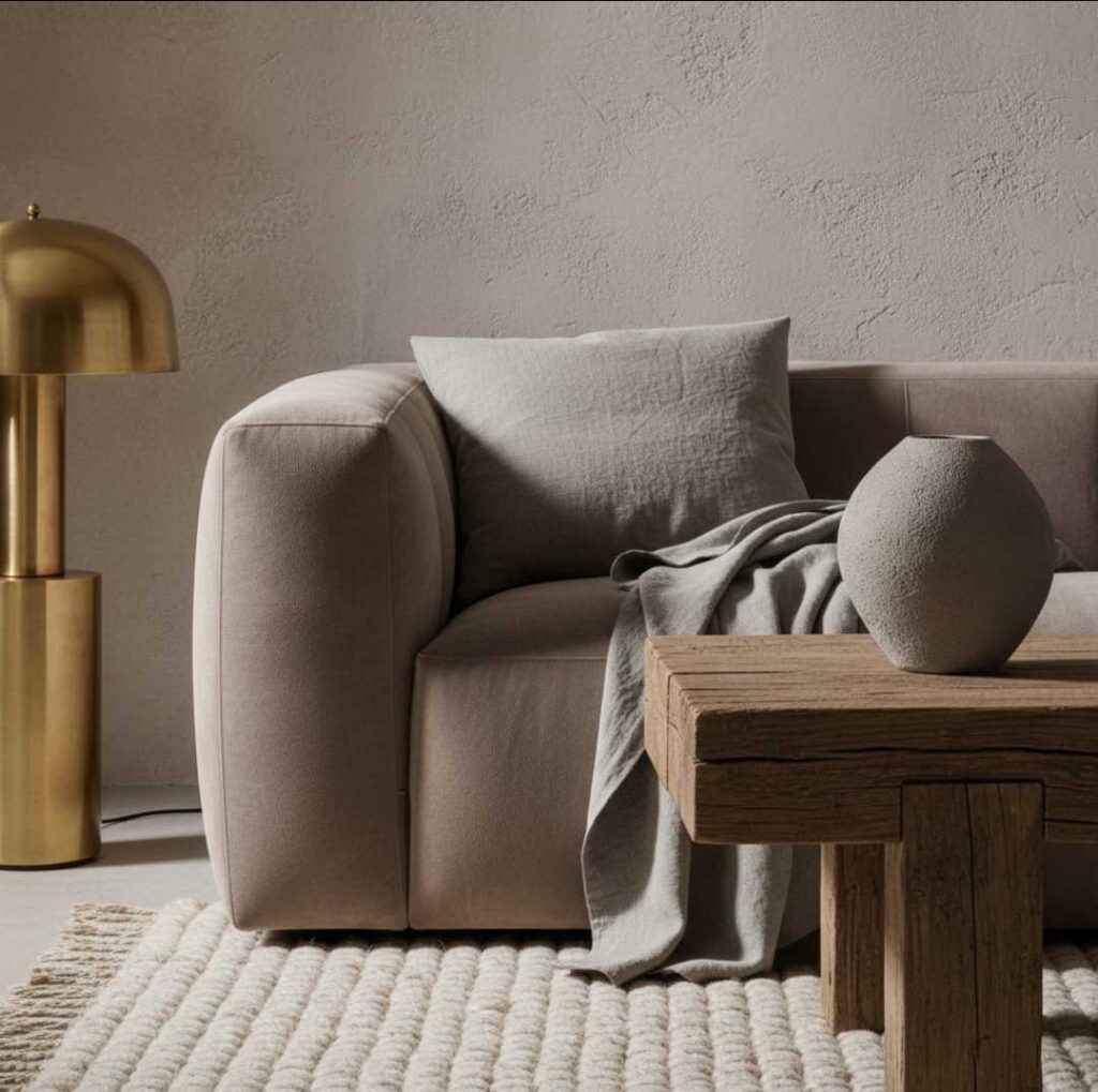 Arredare casa con colori neutri materiali texture, divano velluto bouclé legno cemento metallo ottone lampada.
