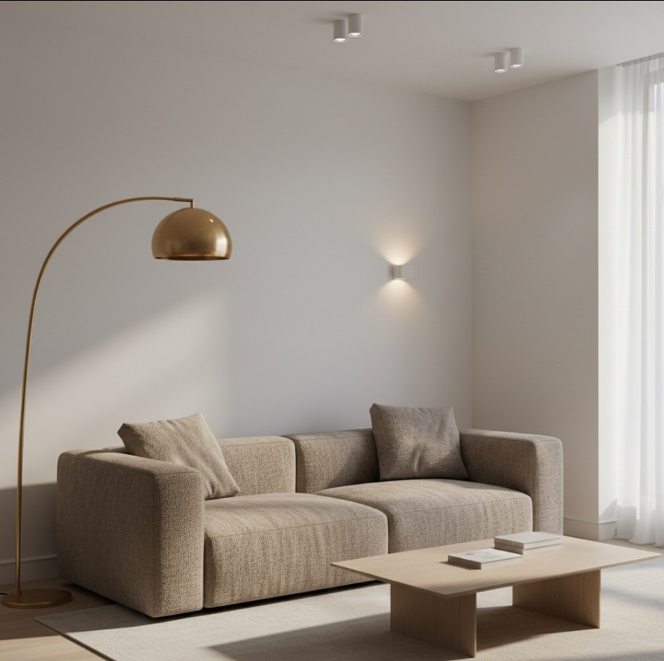 Arredare casa con colori neutri e illuminazione strategica, divano bouclé lampada arco faretti applique luce calda fredda