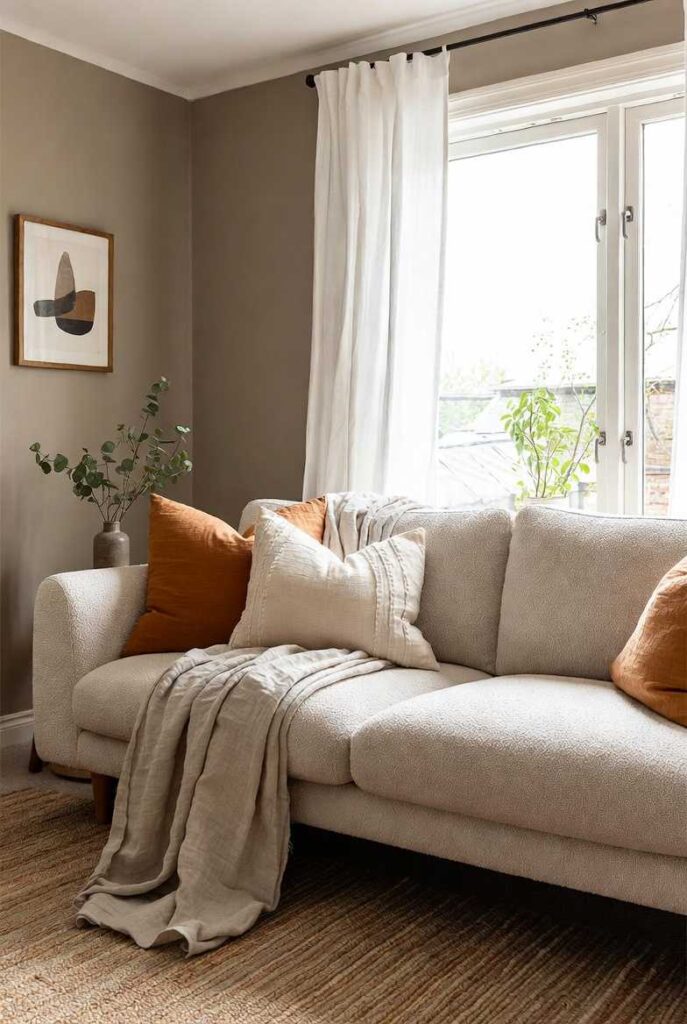Arredare casa con colori neutri nel soggiorno, divano bouclé bianco cuscini arancioni tortora, luce naturale texture ricche.
