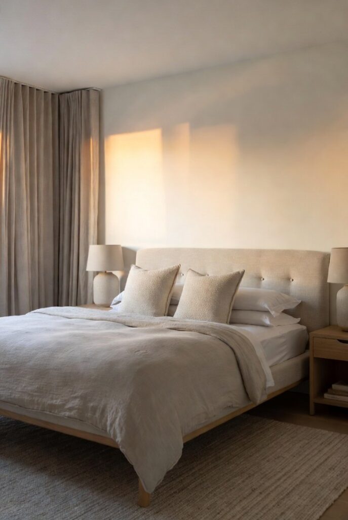 Arredare casa con colori neutri in camera da letto, lenzuola avorio tende tortora, luce naturale texture lino raffinata